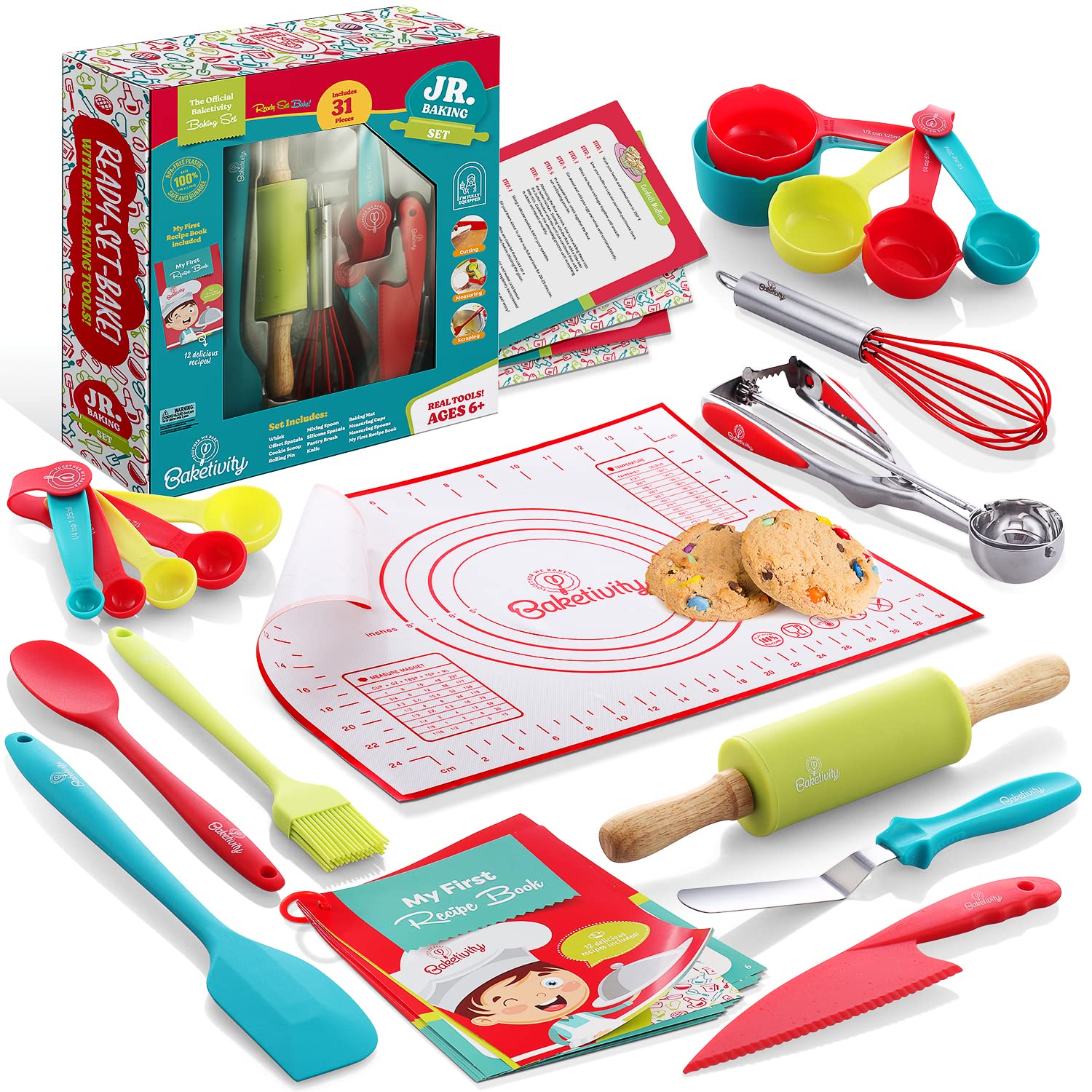 Baketivity 31-piece set whisk for kid-friendly real baking and safe kitchen practice.