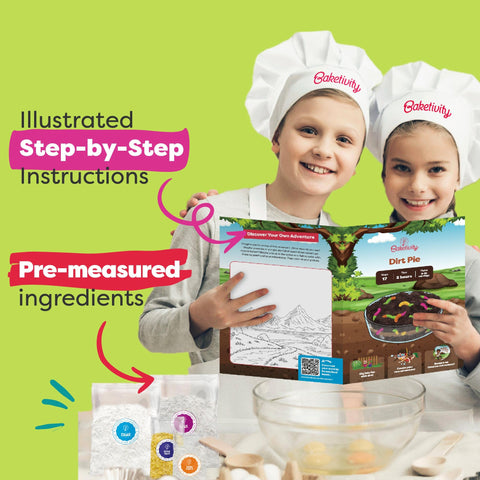 Baketivity Dirt Pie Kit QR-guided video helps kids bake with expert tips.