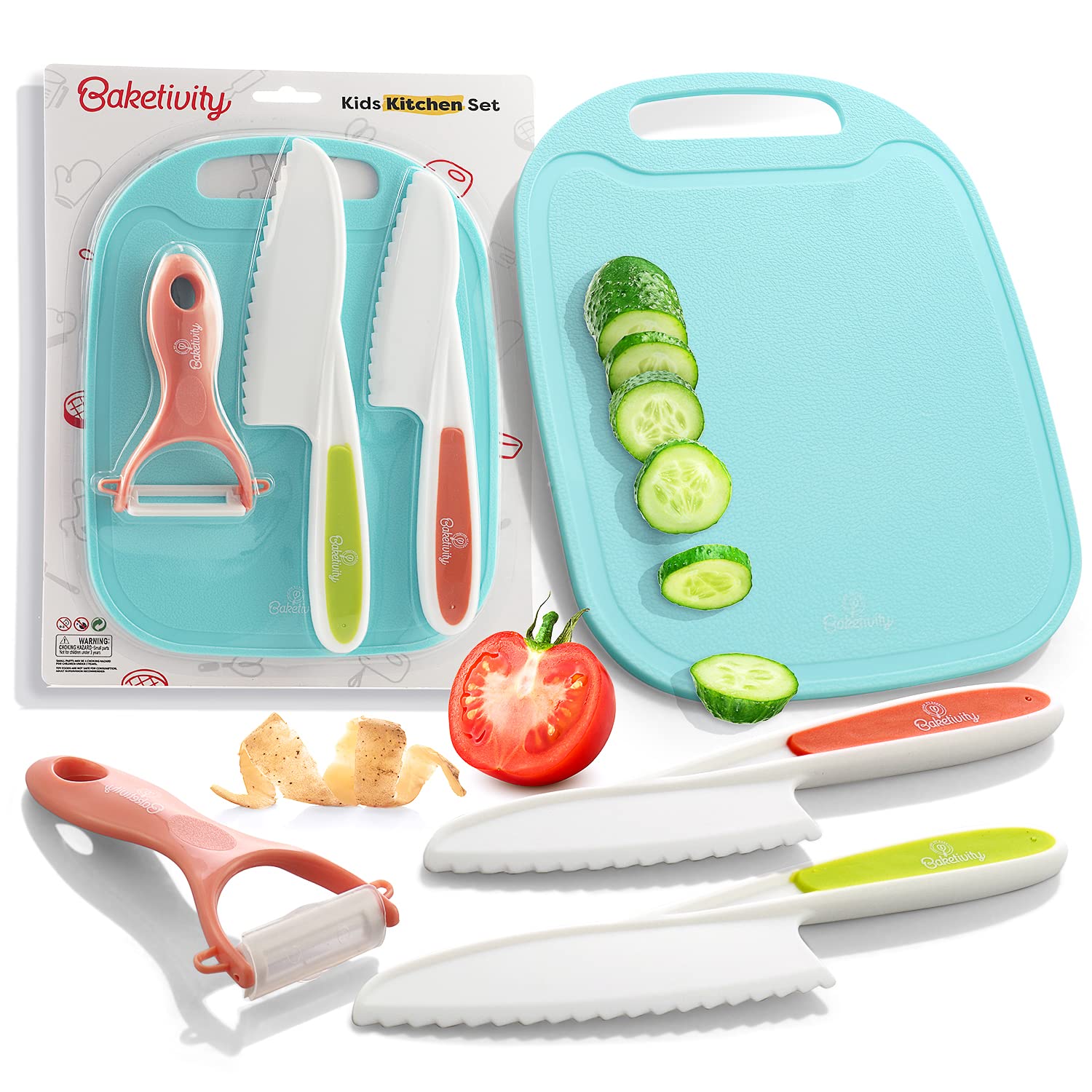 Baketivity kid-safe knives set for beginners, ready for real cooking with a sturdy cutting board.