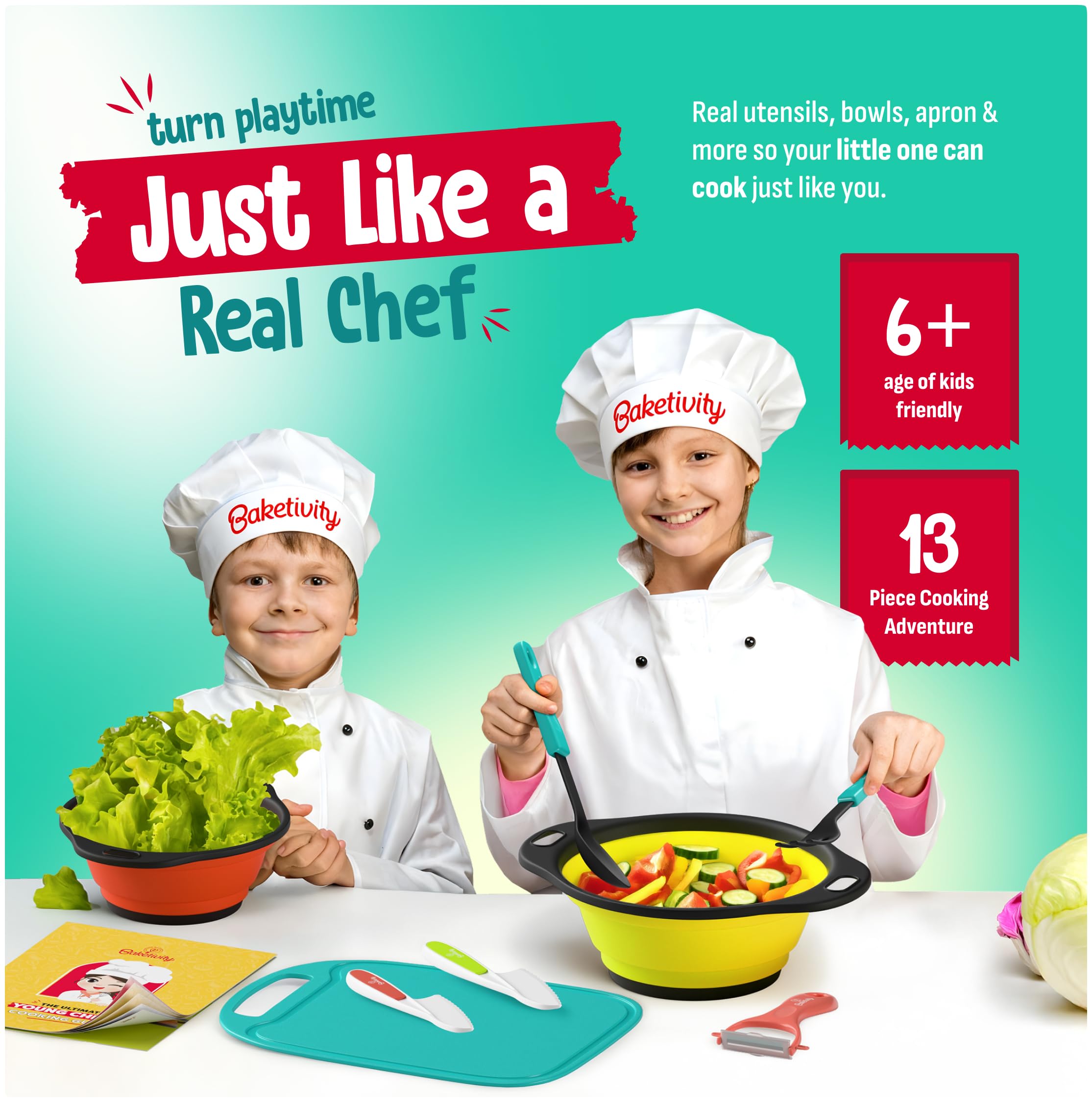 Baketivity apron and hat worn by child highlighting kid-friendly apparel for safe kitchen play.