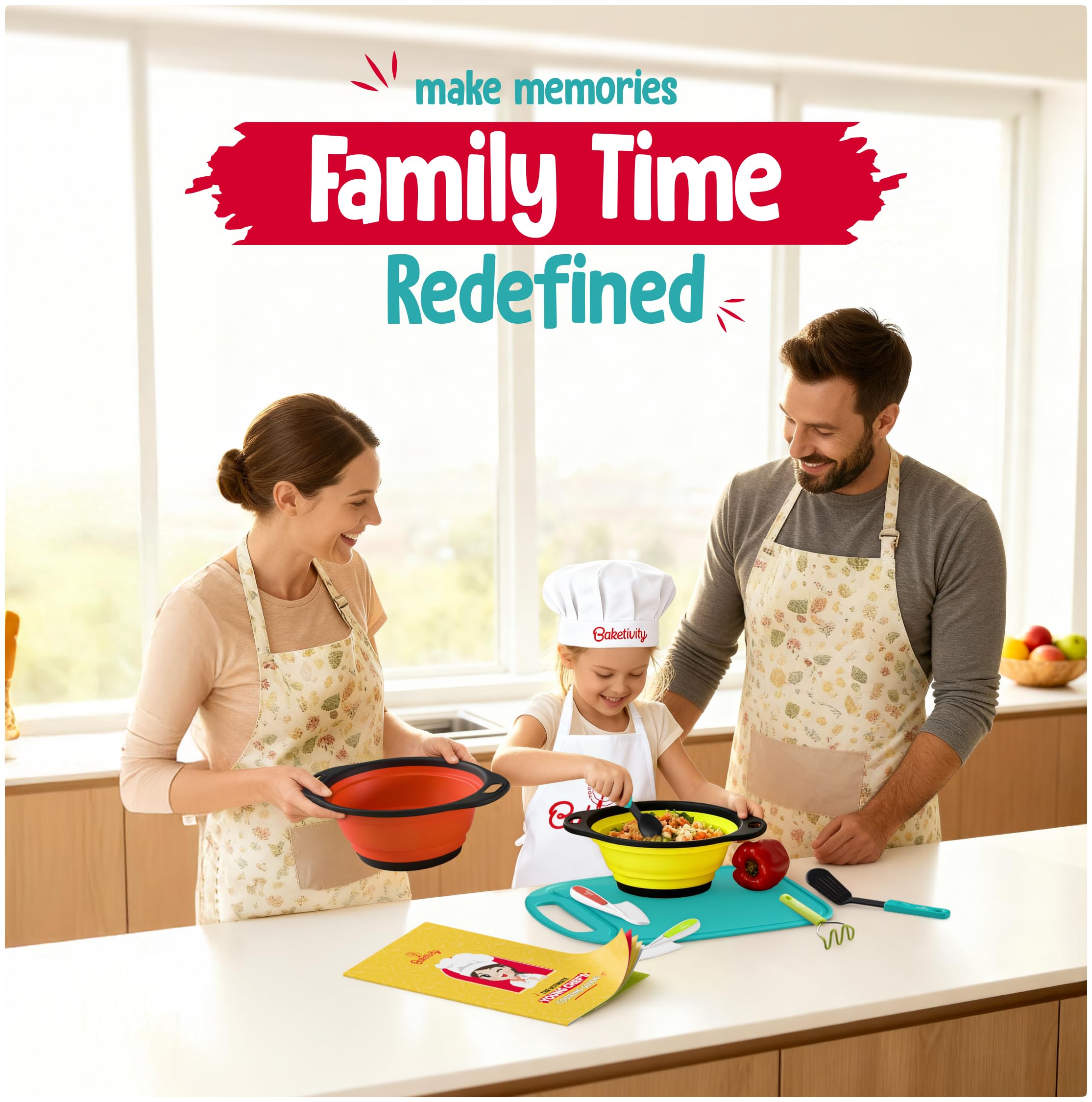 Baketivity collapsible mixing bowls save space and simplify storage for tidy play kitchens.