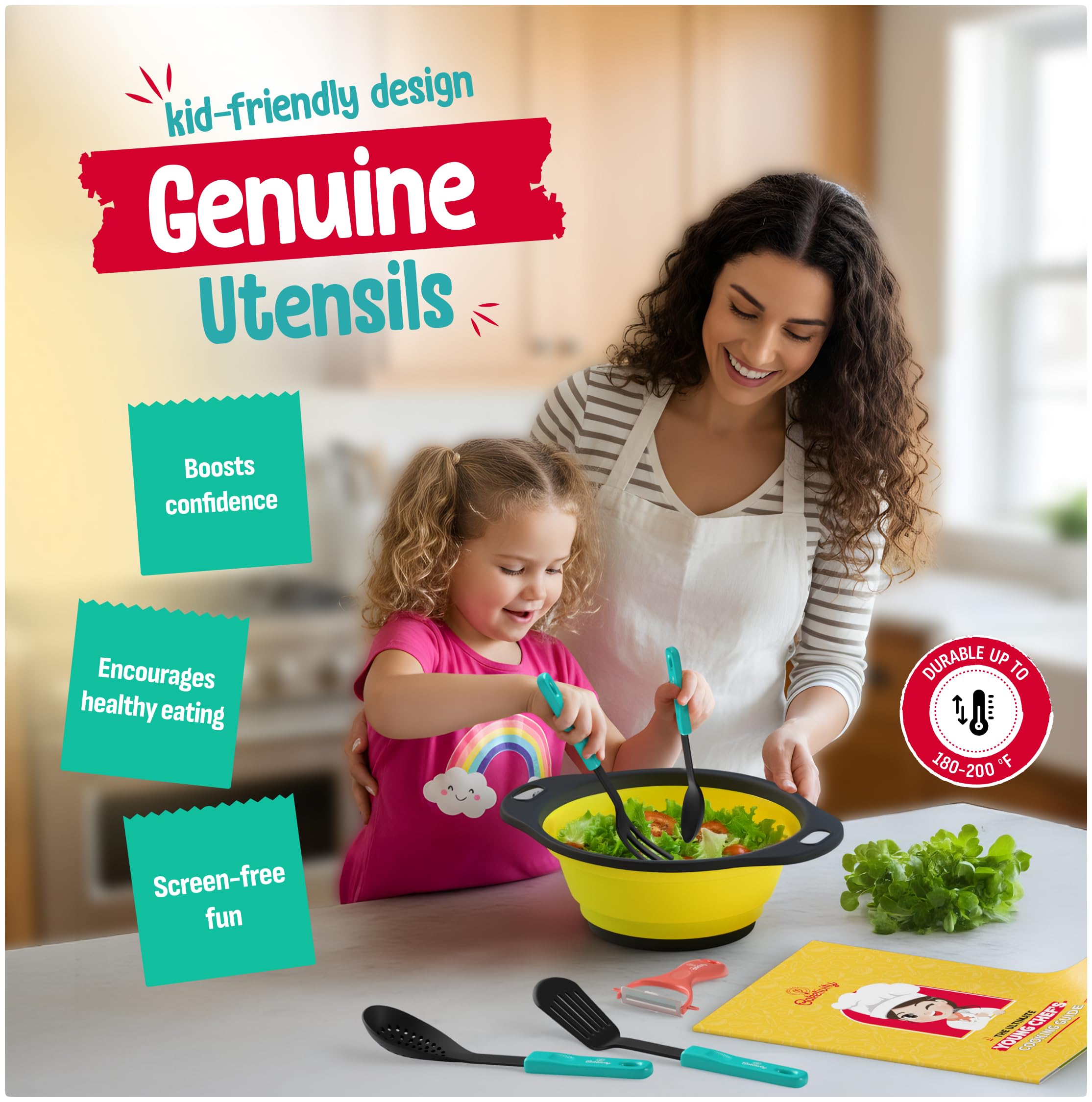 Baketivity dishwasher-safe pieces ensure easy cleaning after pretend cooking sessions.