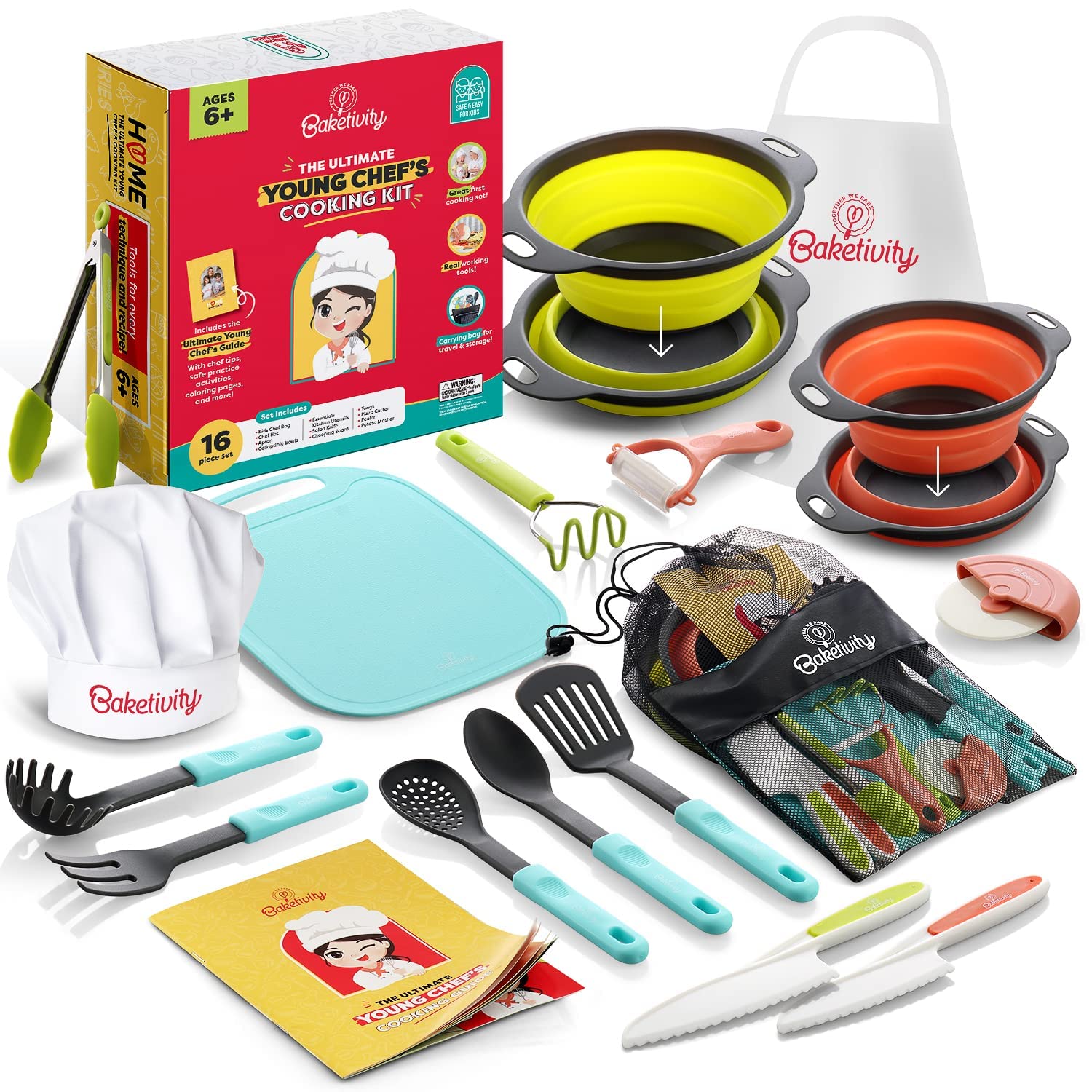 Baketivity kids cooking set laid out showing full kit for budding chefs learning real cooking.