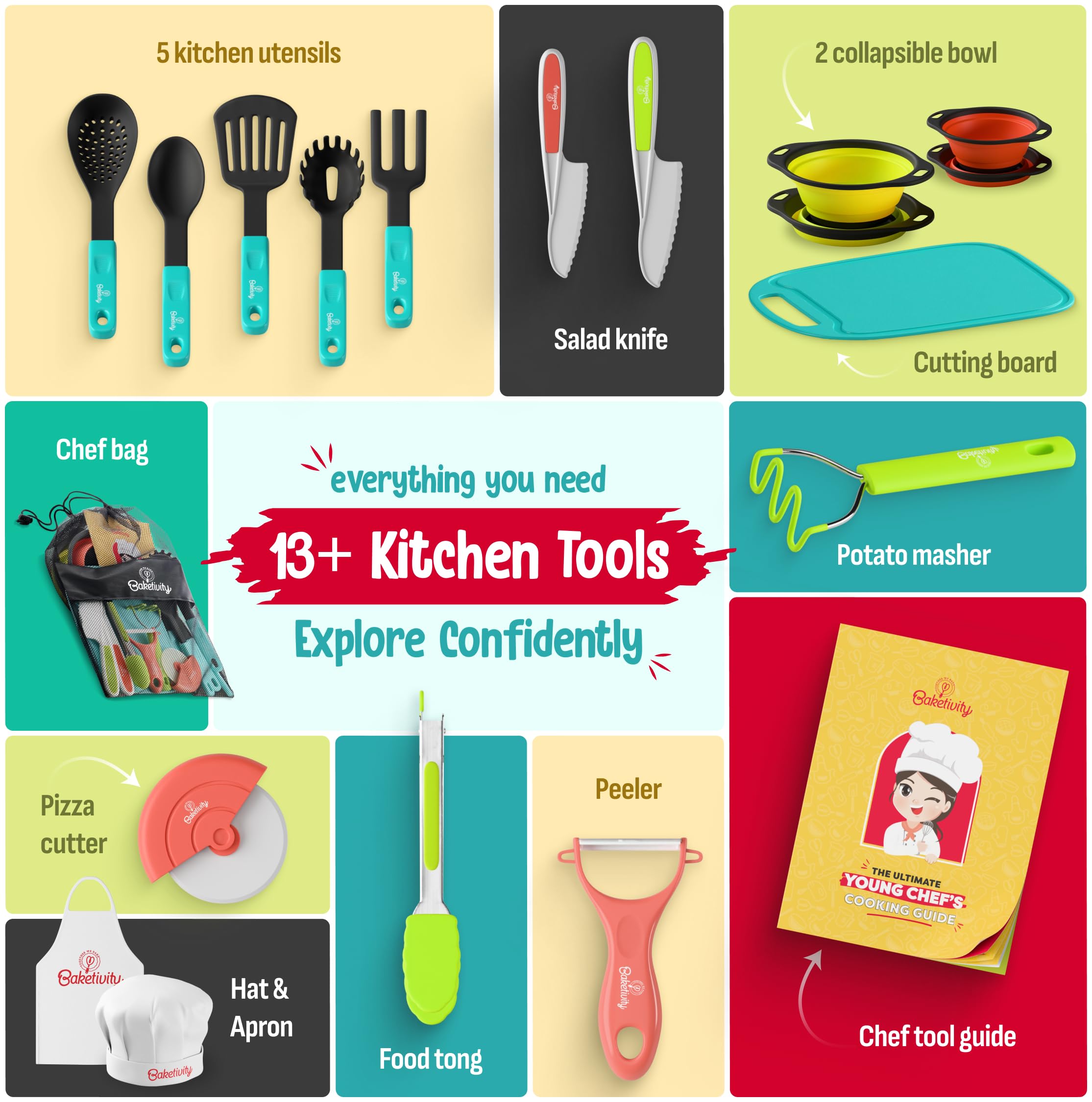 Baketivity kid-friendly knife cutting soft ingredients safely with easy-grip handles.