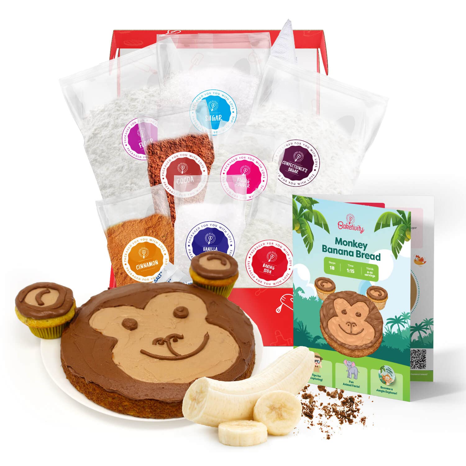Baketivity monkey banana bread kit unboxing shows packaging and contents