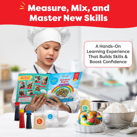 Baketivity Rainbow Bagel Kit designed for ages 6-12 with safe kitchen activity.