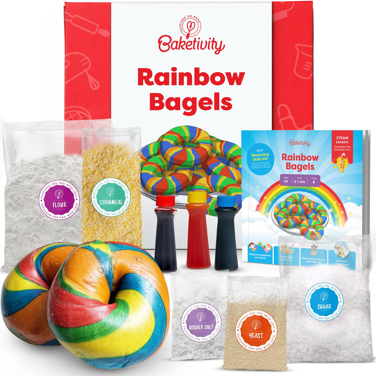 Baketivity Rainbow Bagel Kit: premeasured ingredients for stress-free baking fun.
