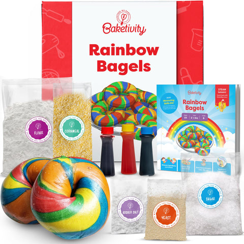 Baketivity Rainbow Bagel Kit: premeasured ingredients for stress-free baking fun.