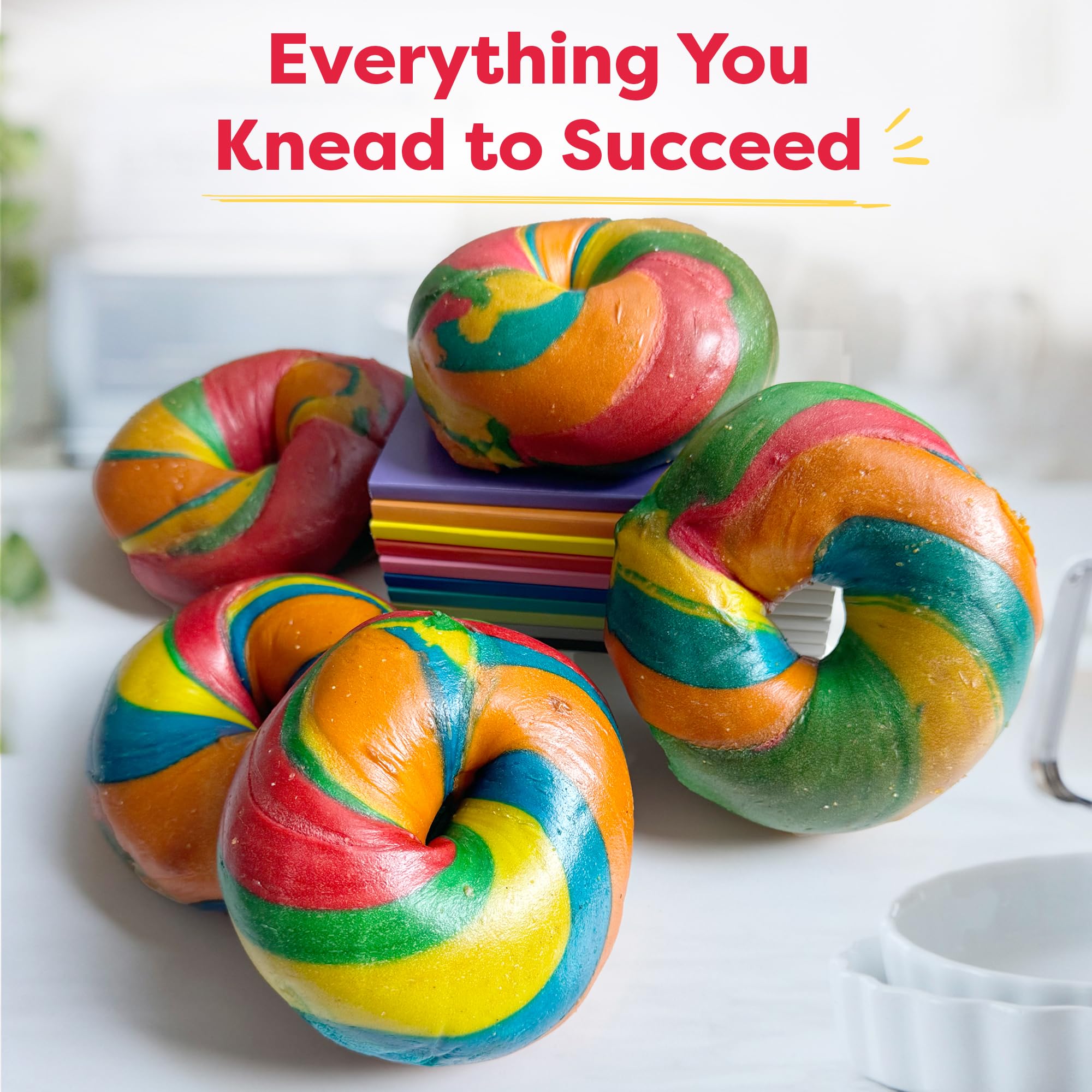 Baketivity Rainbow Bagel Kit with step-by-step instructions guiding young bakers.