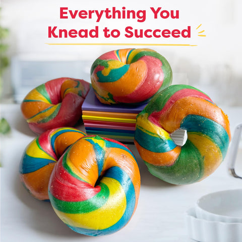Baketivity Rainbow Bagel Kit with step-by-step instructions guiding young bakers.