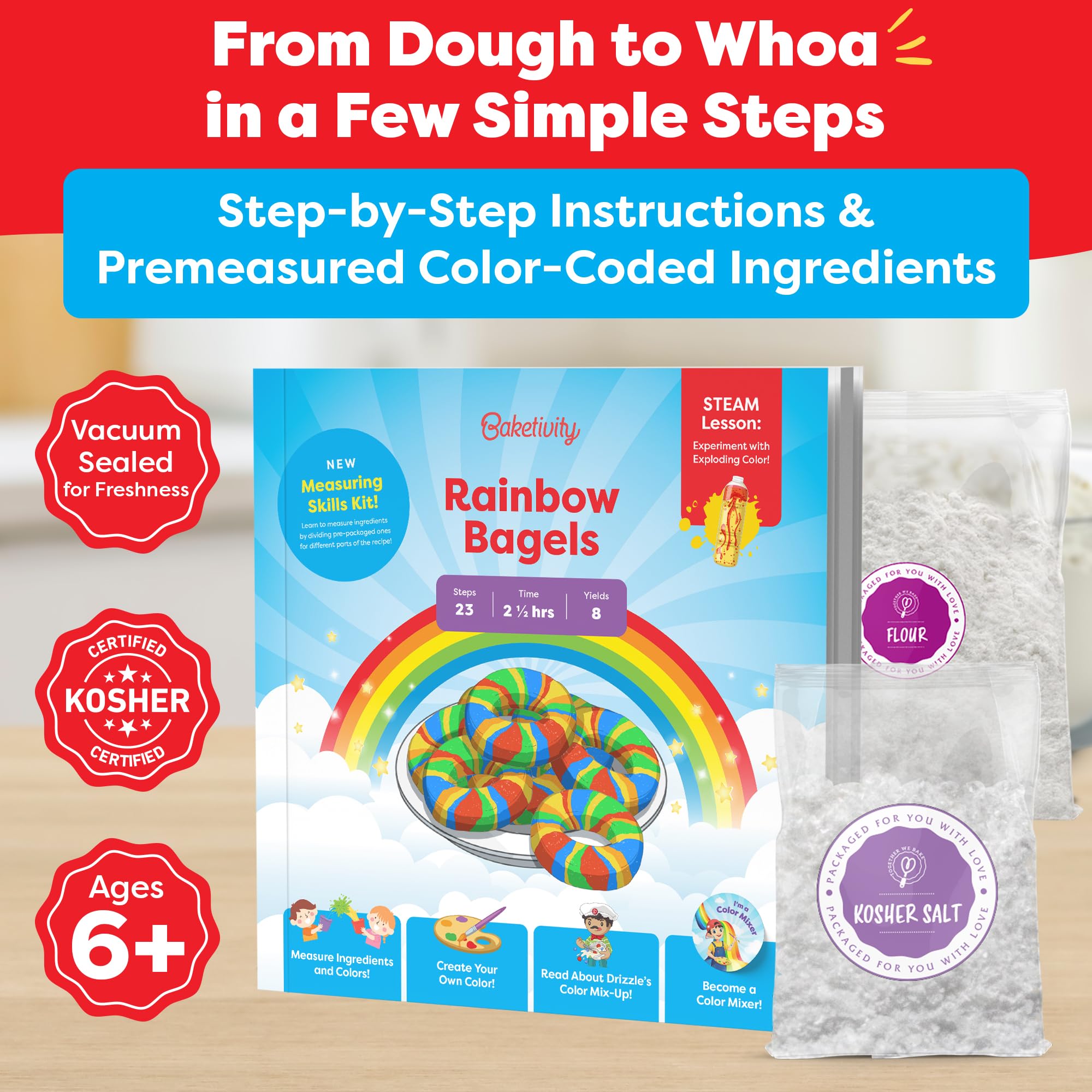 Baketivity Rainbow Bagel Kit video guide helps kids learn while they bake at home.