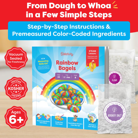 Baketivity Rainbow Bagel Kit video guide helps kids learn while they bake at home.