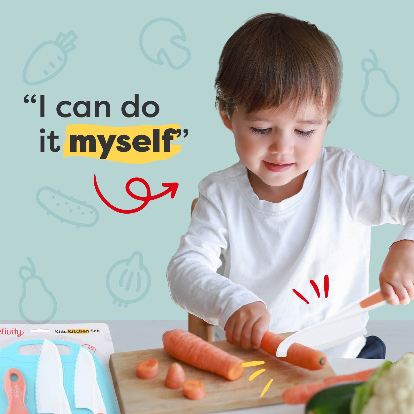 Baketivity serrated knives for kids enabling safe cutting through soft to medium foods.