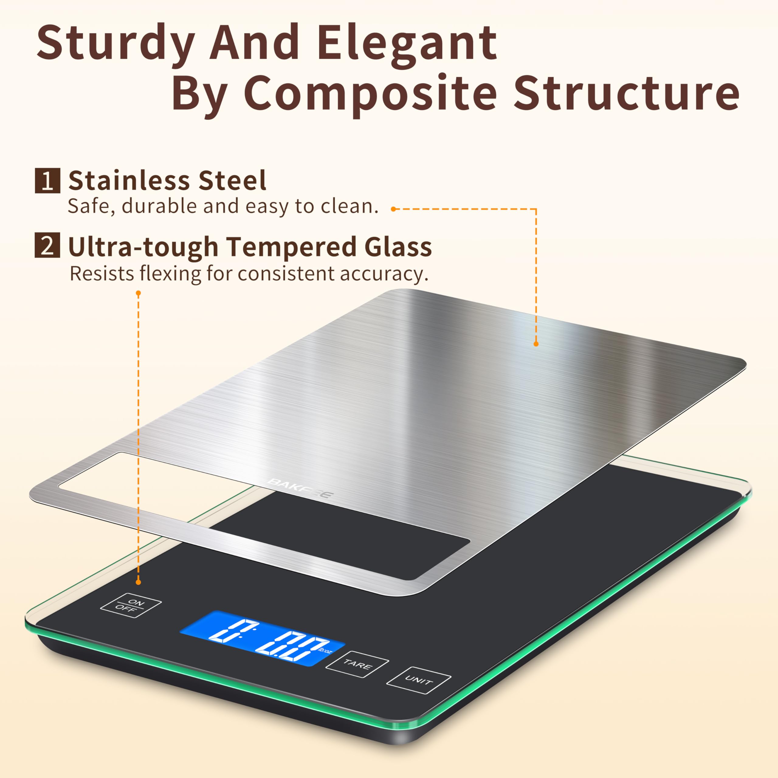 BakFee Food Scale precise 1 g graduation for accurate cooking and baking measurements.