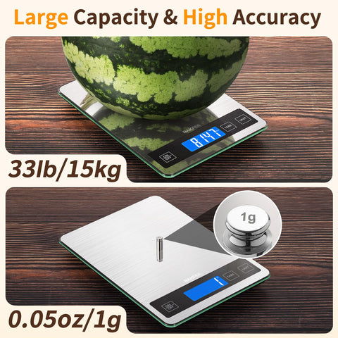 BakFee Food Scale surface highlighting stainless steel and tempered glass for durability and easy cleaning.