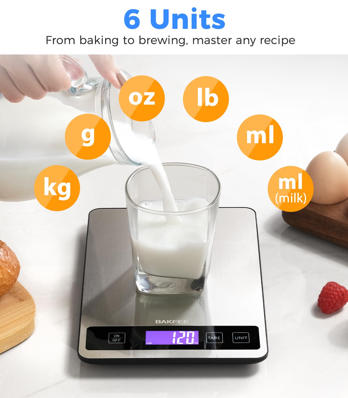 BakFee measures in g, lb, oz, kg, ml, and milk ml for versatility