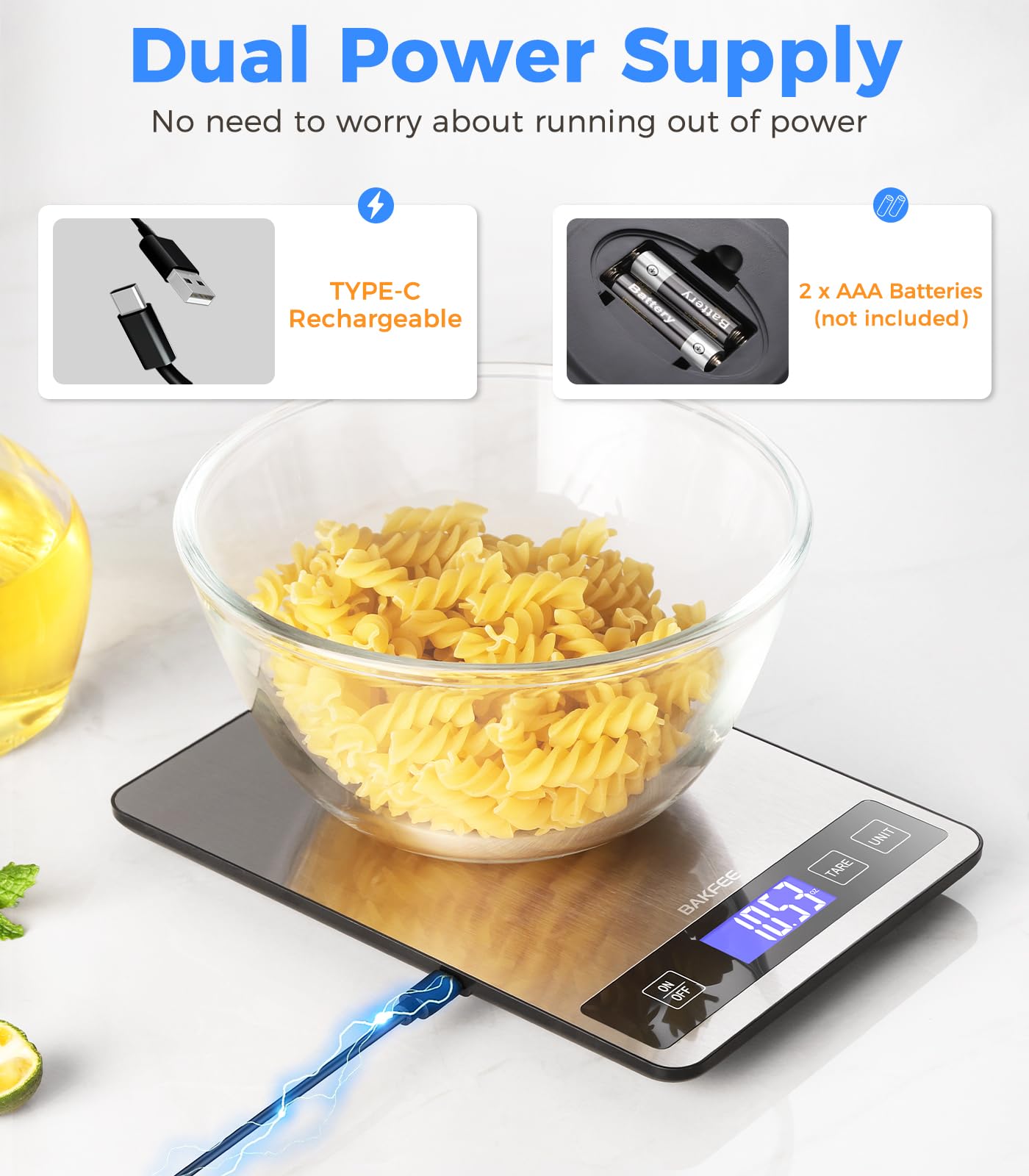 BakFee scale features non-slip feet for stable countertop use