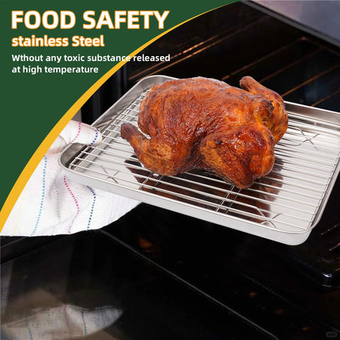 Stainless steel baking sheets with nonstick surface, easy cleanup.