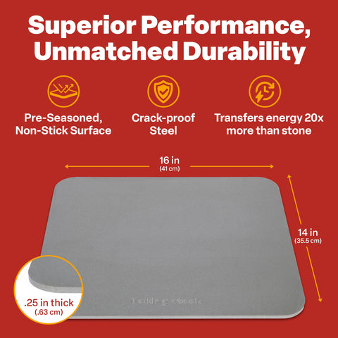 Baking Steel on induction plate for uniform heating across the surface.