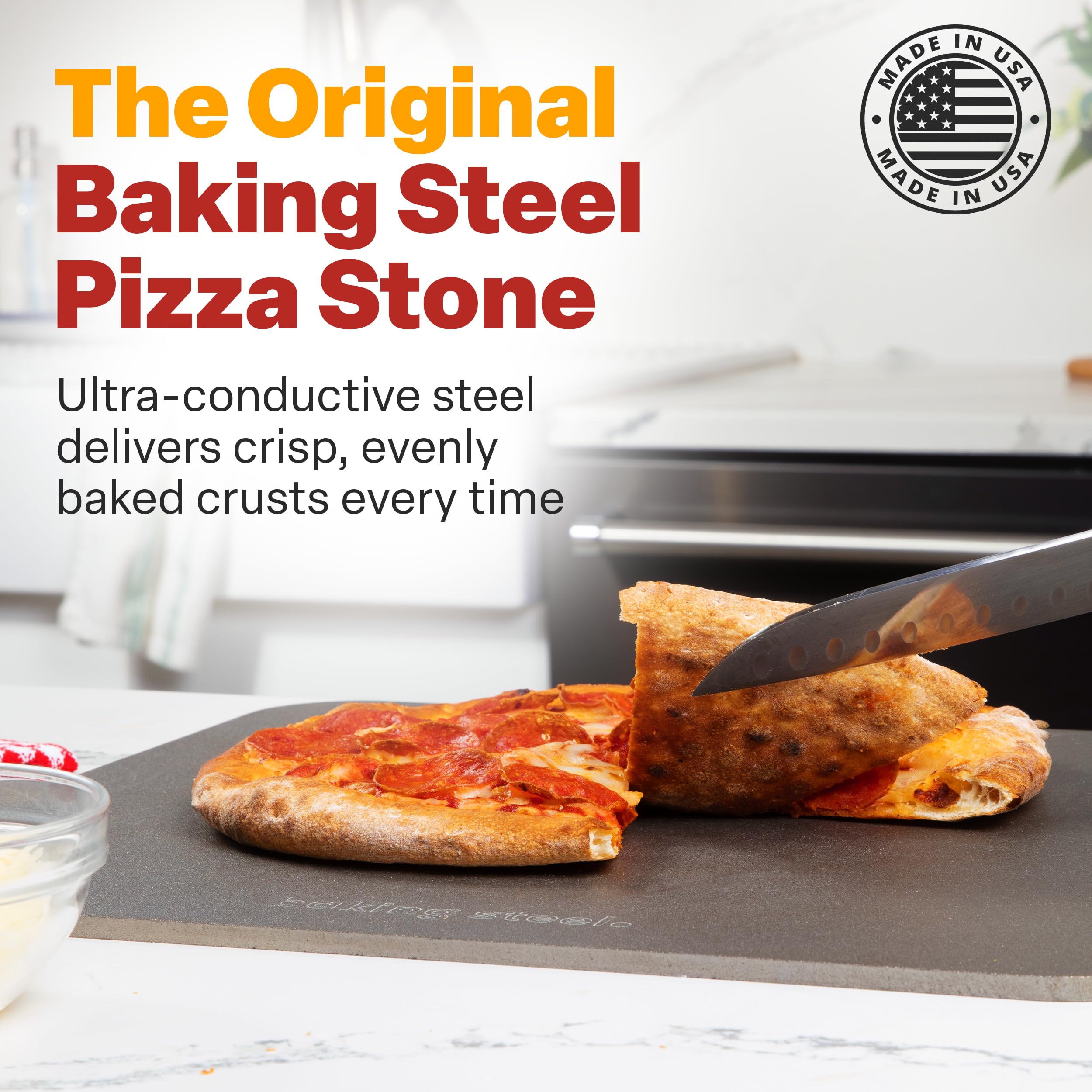 Baking Steel on a stovetop used as a quick griddle for even searing.