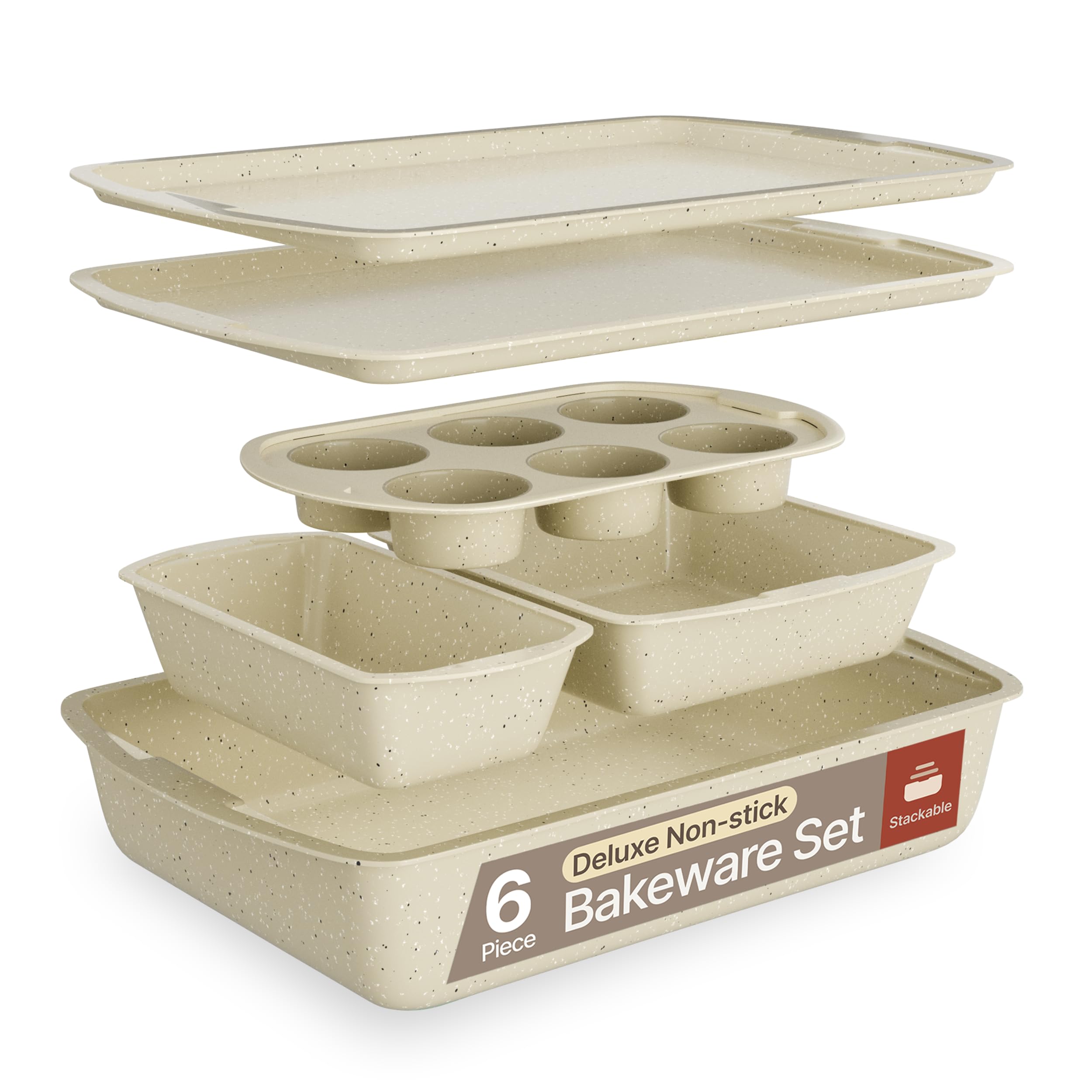 Bakken- Swiss bakeware set stacked for space-saving storage.