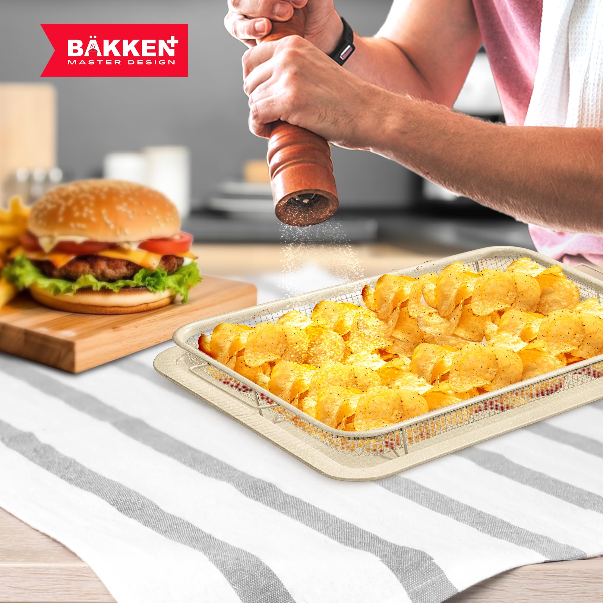 Bakken-Swiss Crisper Tray saves space by nesting basket inside tray.