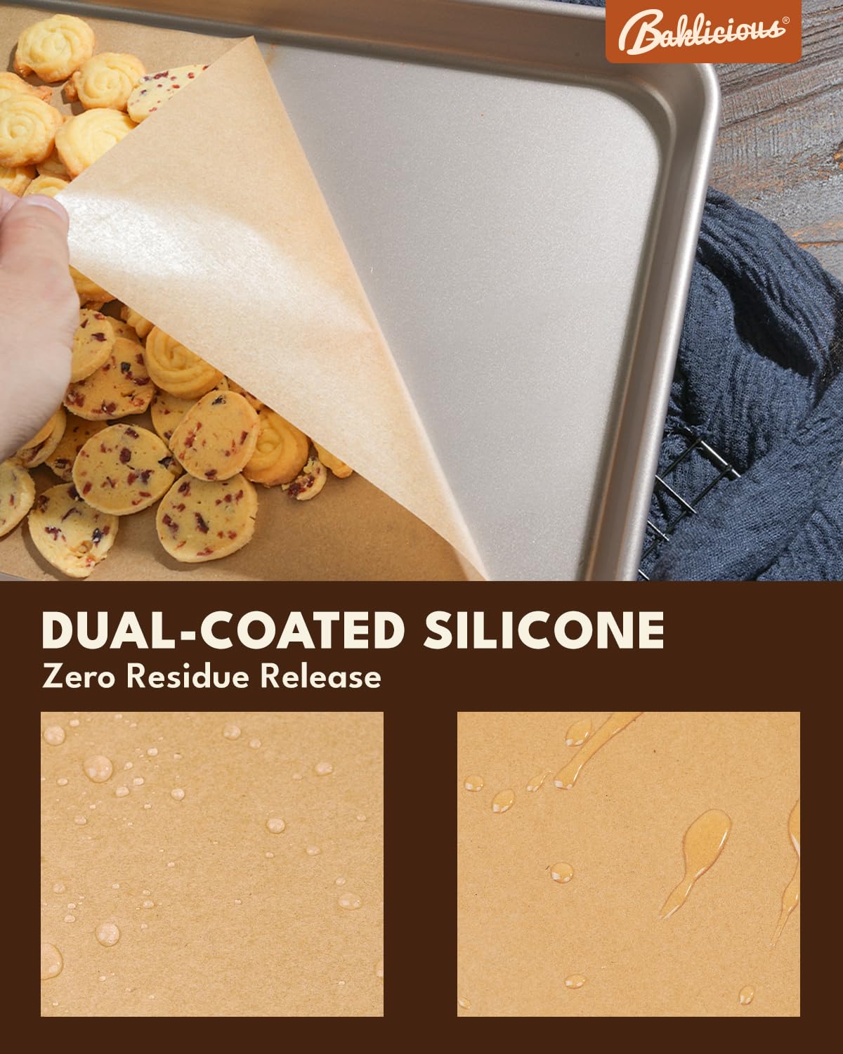 Baklicious heavy-duty 45gsm parchment supports sturdy lifting of foods.