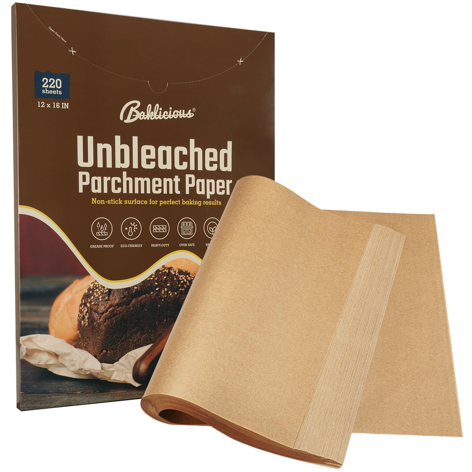 Baklicious unbleached parchment sheets on a tray for easy release.