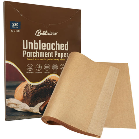 Baklicious unbleached parchment sheets on a tray for easy release.