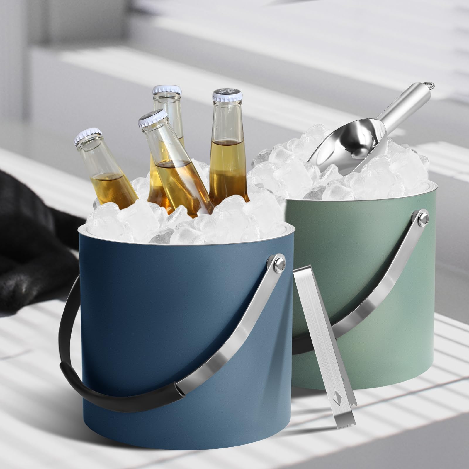 Bakpoco navy matte ice bucket serves as a chic centerpiece at gatherings.