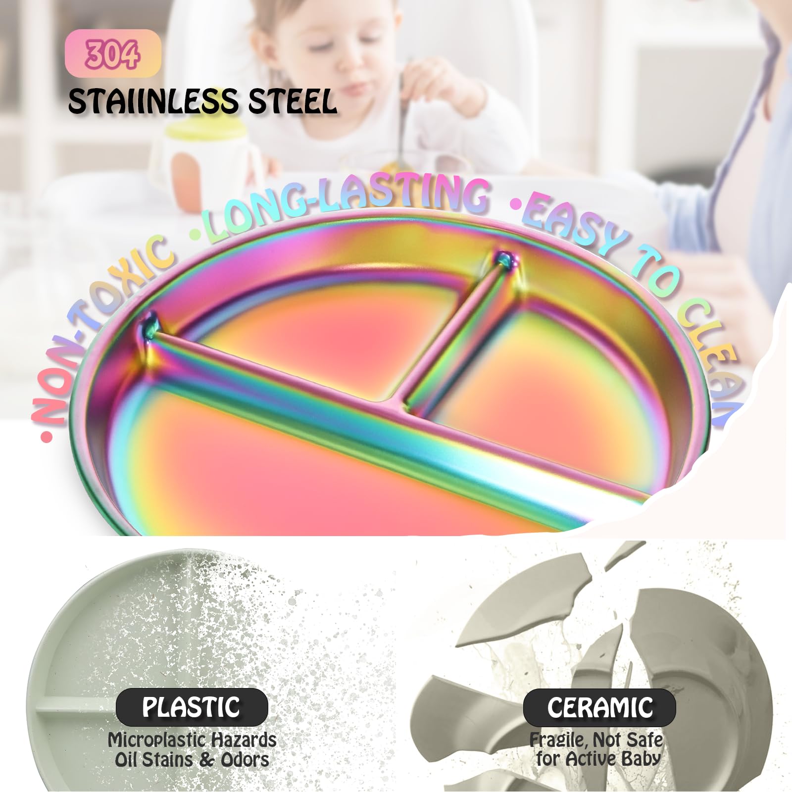 Bakpoco non-toxic stainless dinner dishes safe for little meals