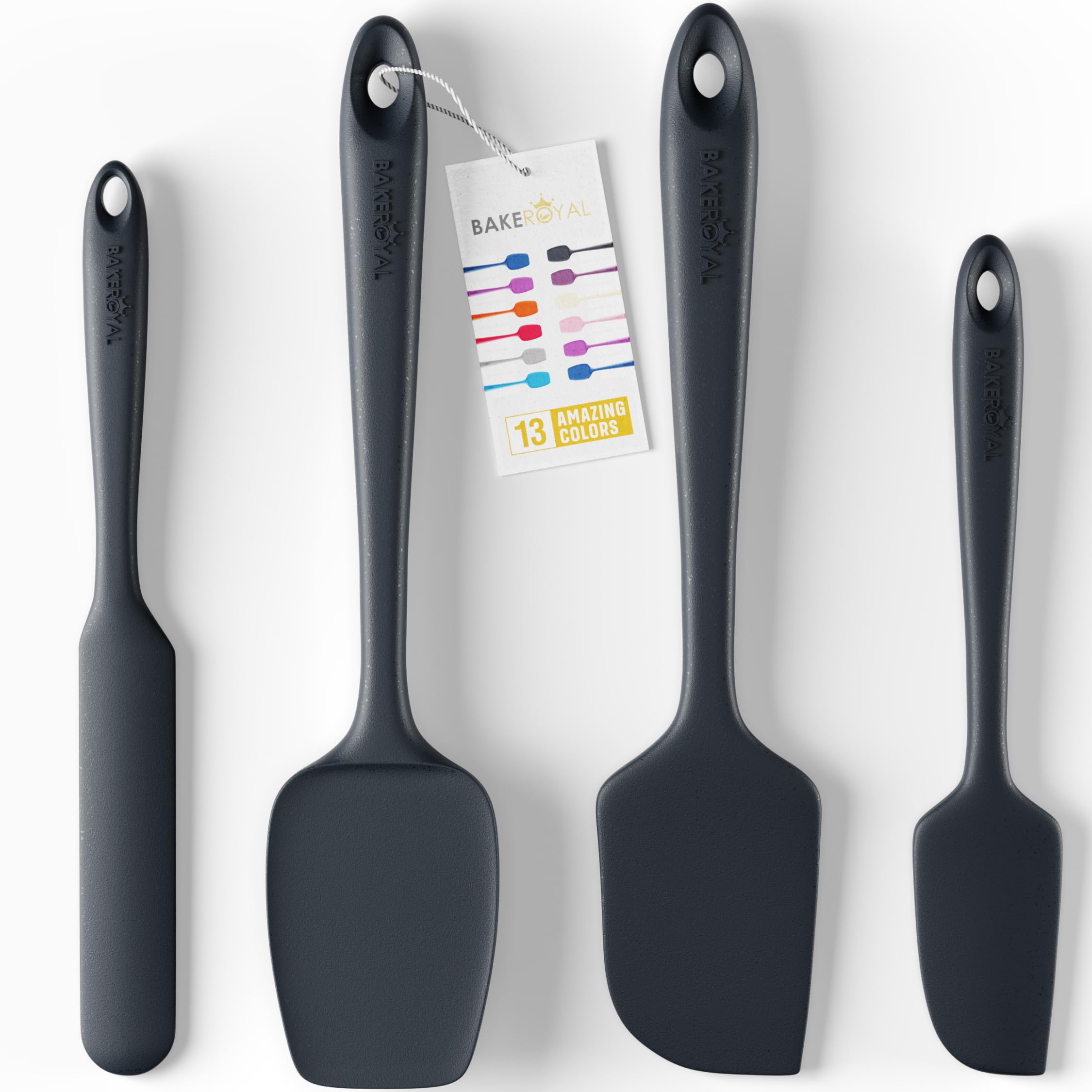 BakeRoyal large silicone spatula in action, perfect for batter and frosting on nonstick pans.