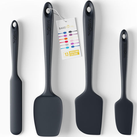 BakeRoyal large silicone spatula in action, perfect for batter and frosting on nonstick pans.
