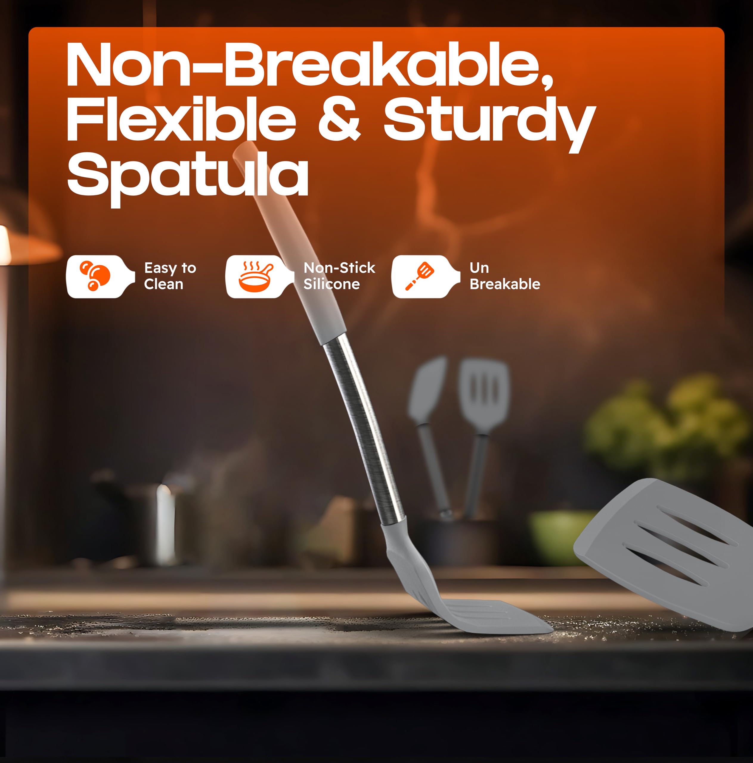 BakeRoyal gray nonstick-friendly spatula protects coated cookware while stirring.