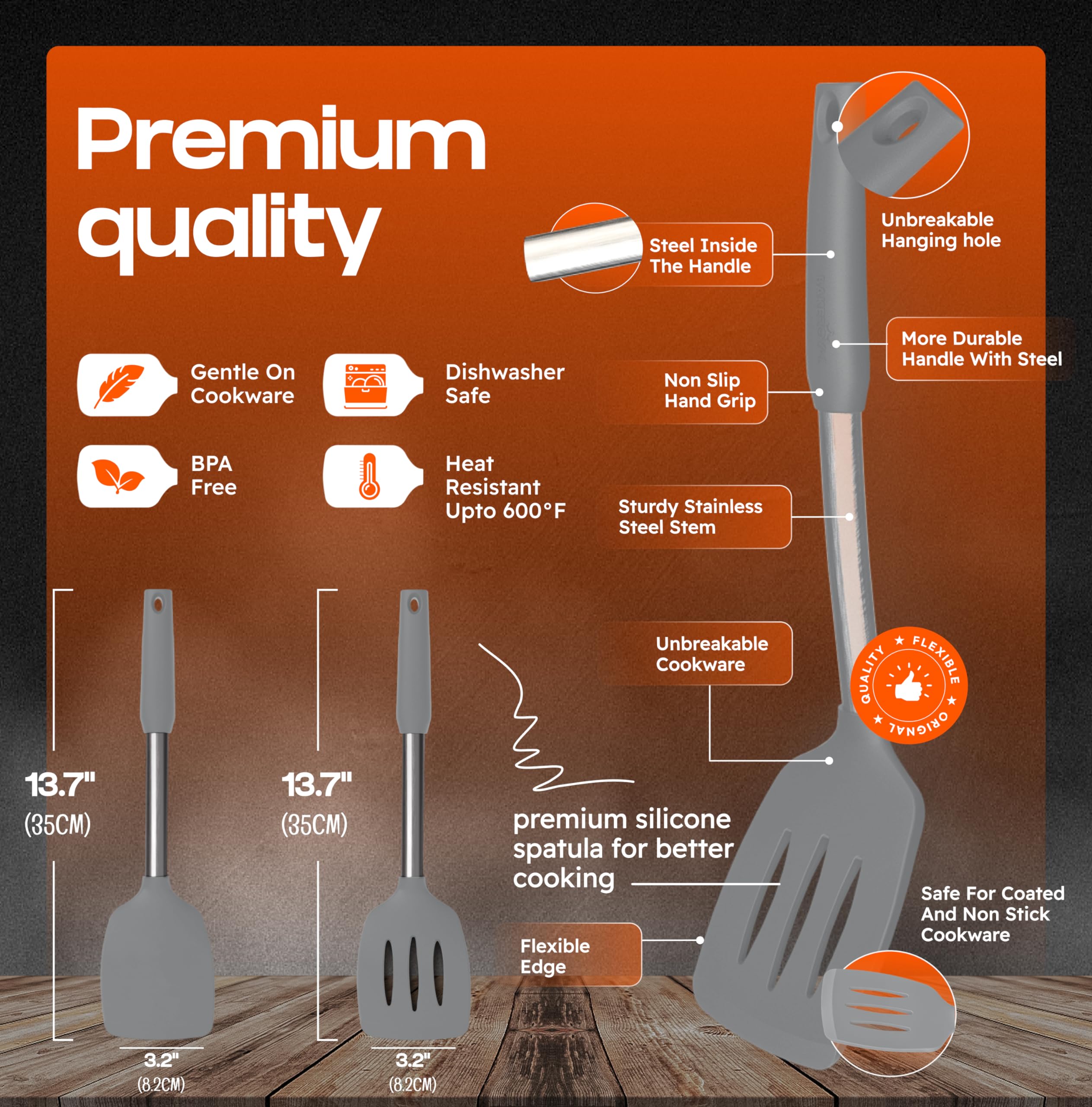 BakeRoyal gray slotted spatula drains fat while cooking vegetables.