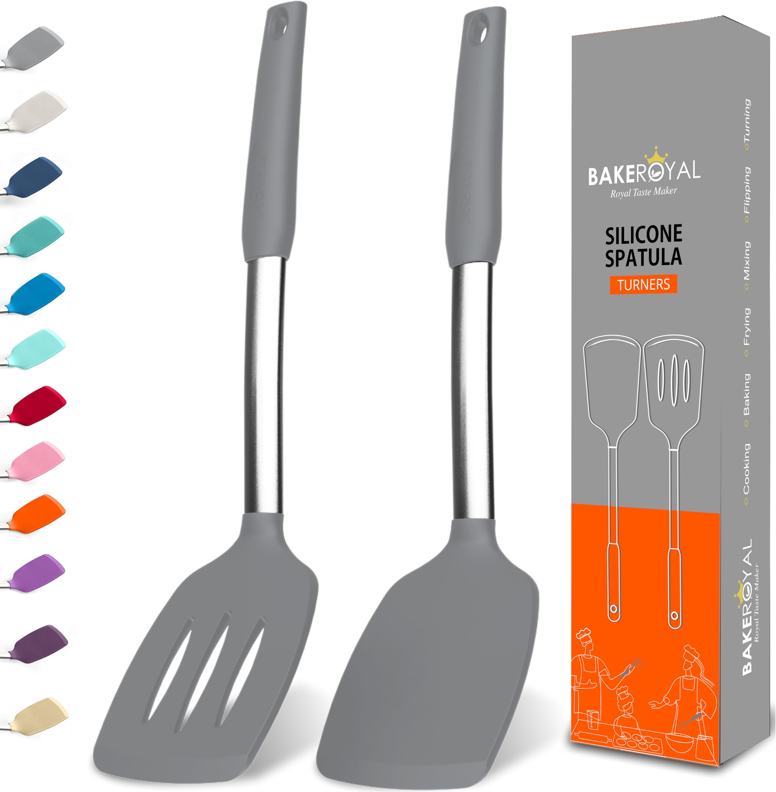 BakeRoyal silicone spatula turner in gray for easy flipping on nonstick pans.