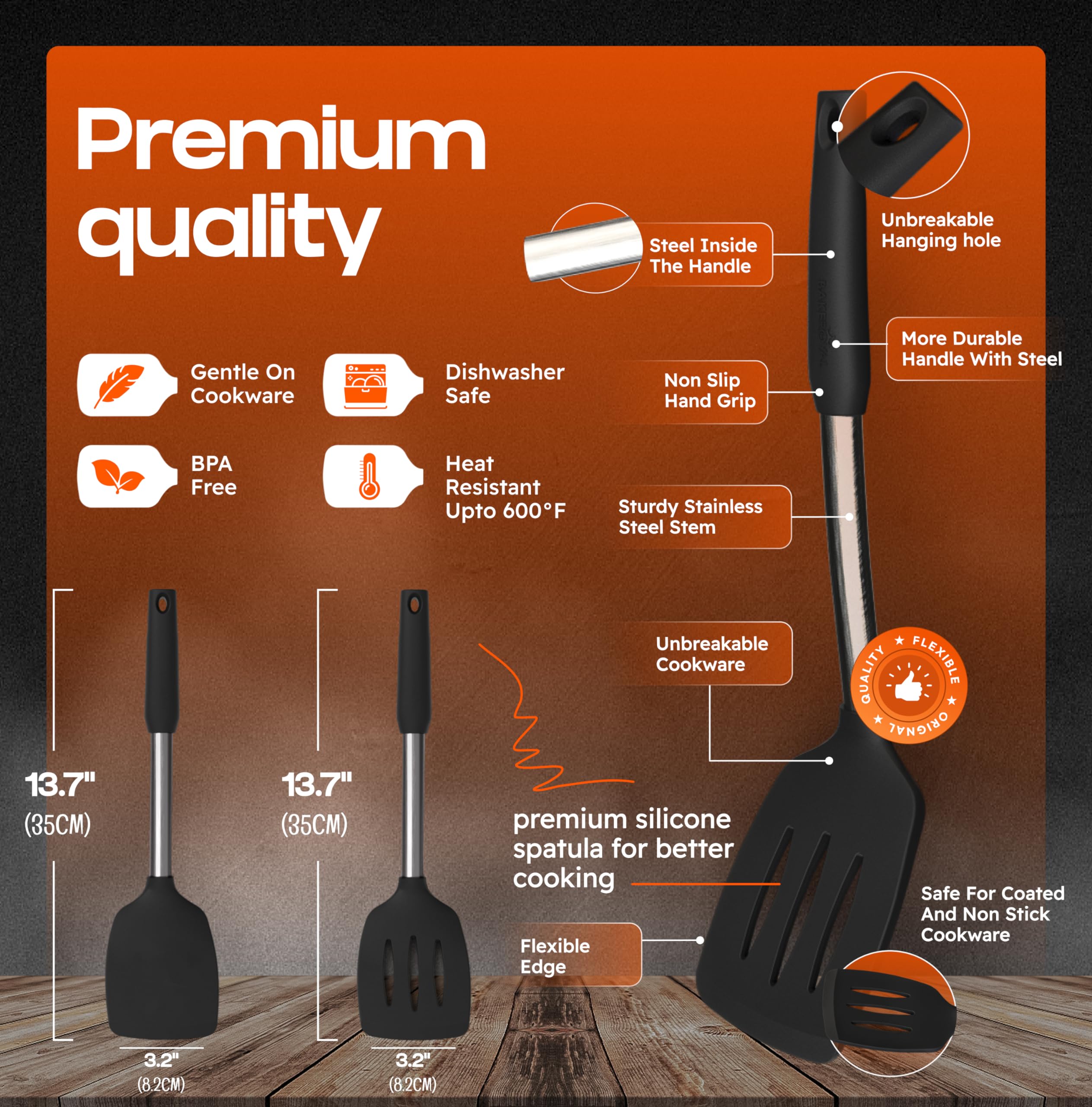 BakRoyal silicone spatula slotted for draining liquids while cooking.