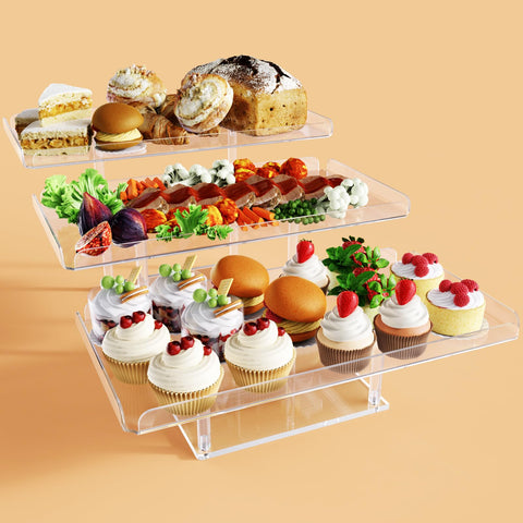 Bakzon dessert-table-display closeup on cupcake risers, showing durable clear acrylic for durability.