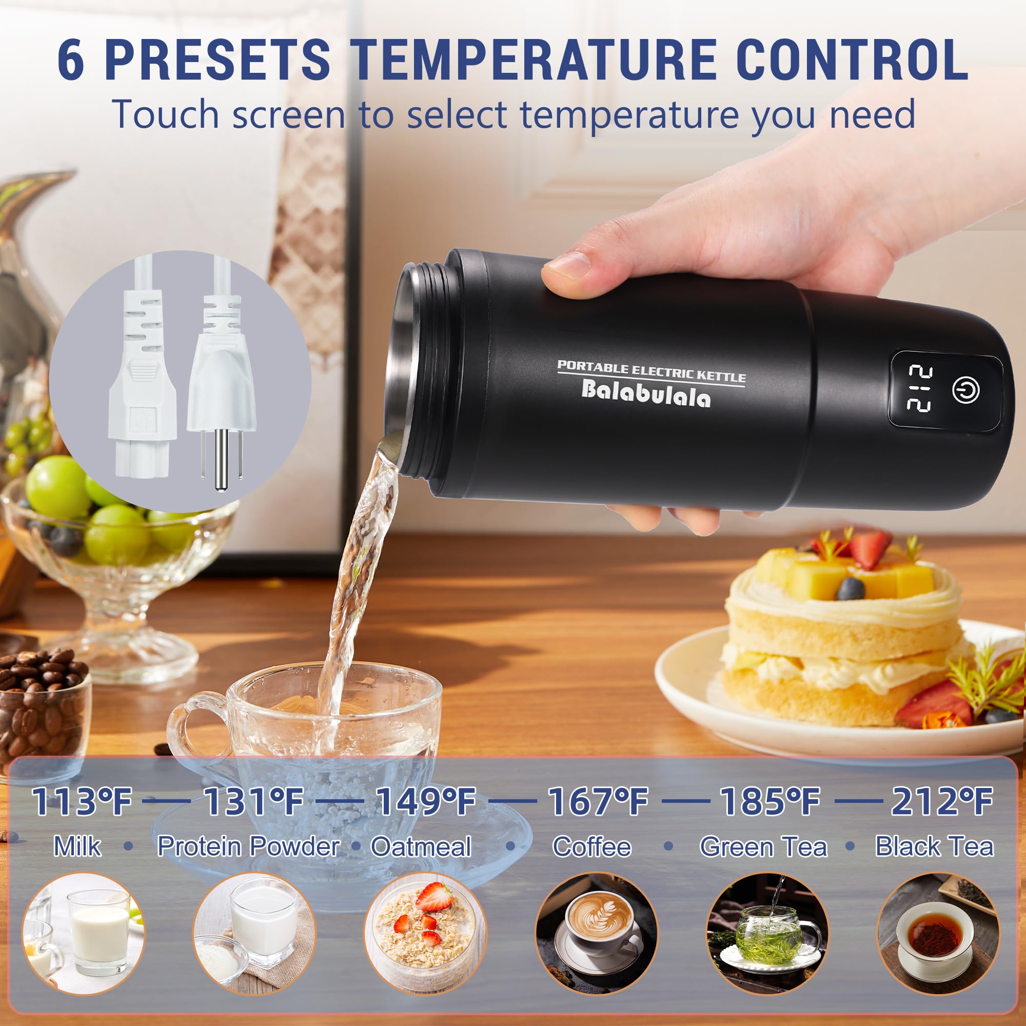 Balabulala Travel Kettle lid and controls show easy presets for precise temp.
