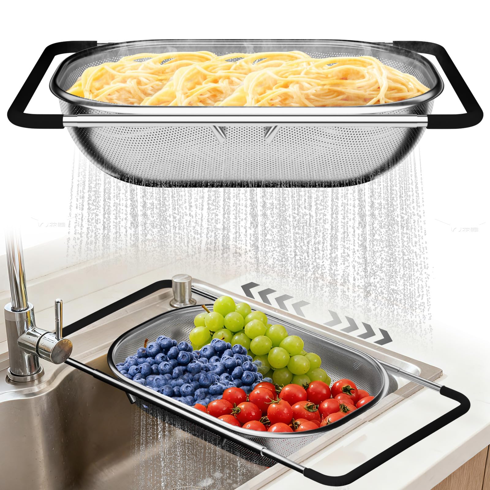 Balavina over-the-sink colander with extended handle for versatile draining.