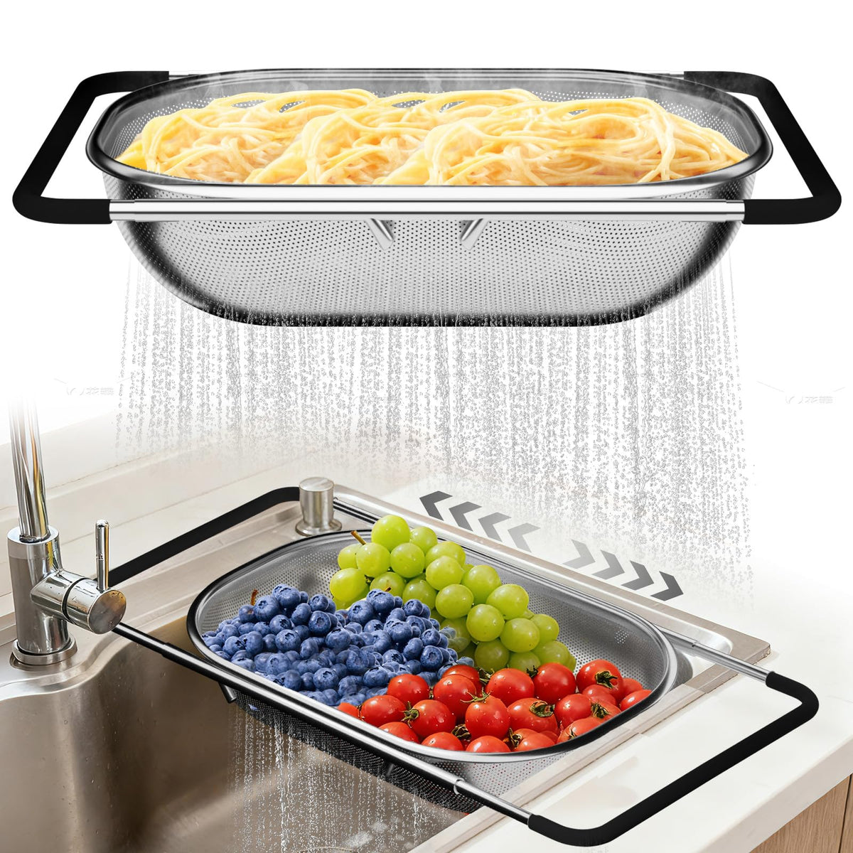 Balavina over-the-sink colander with extended handle for versatile draining.