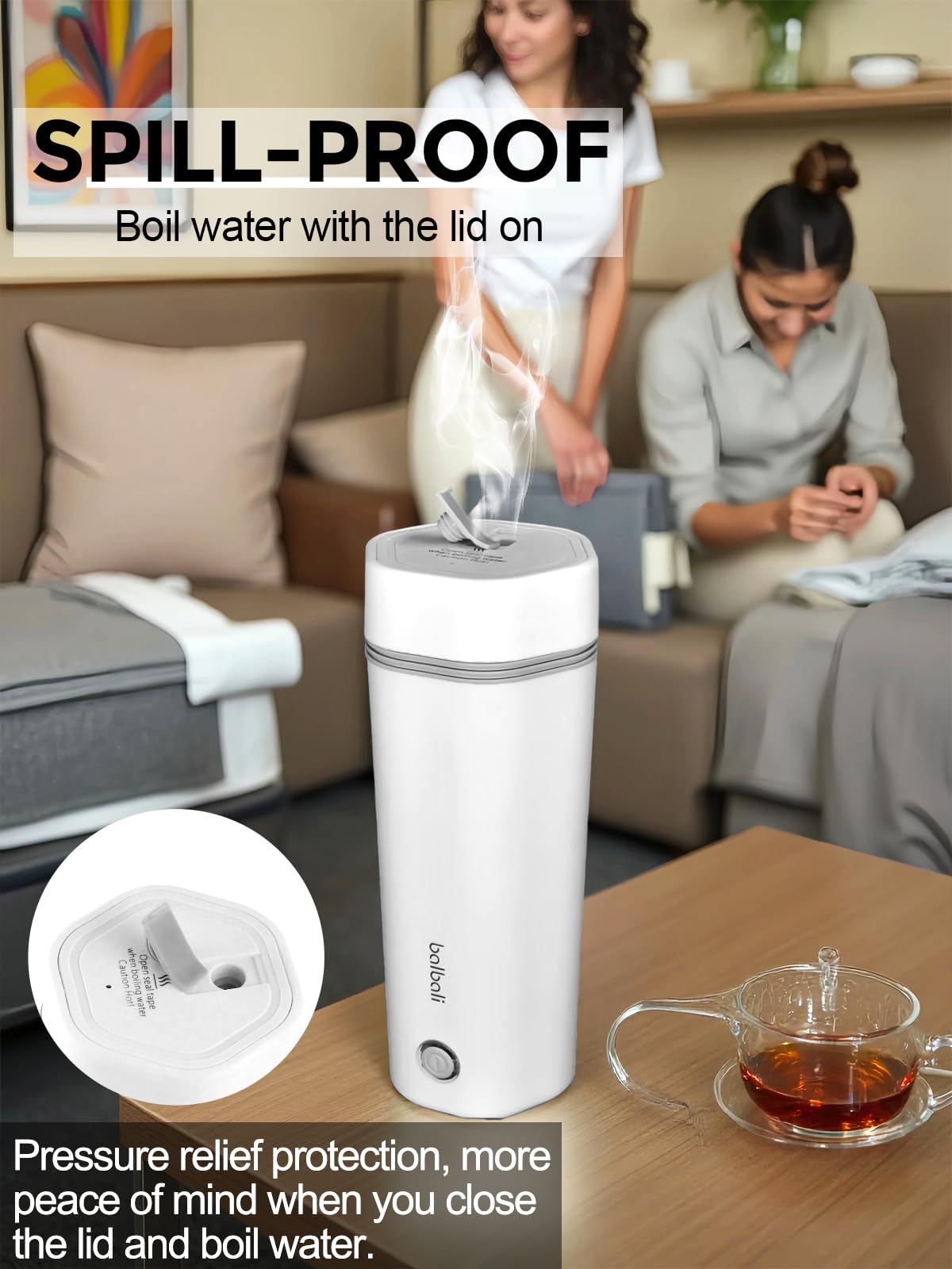 Balbali travel kettle lid vent open to prevent spills