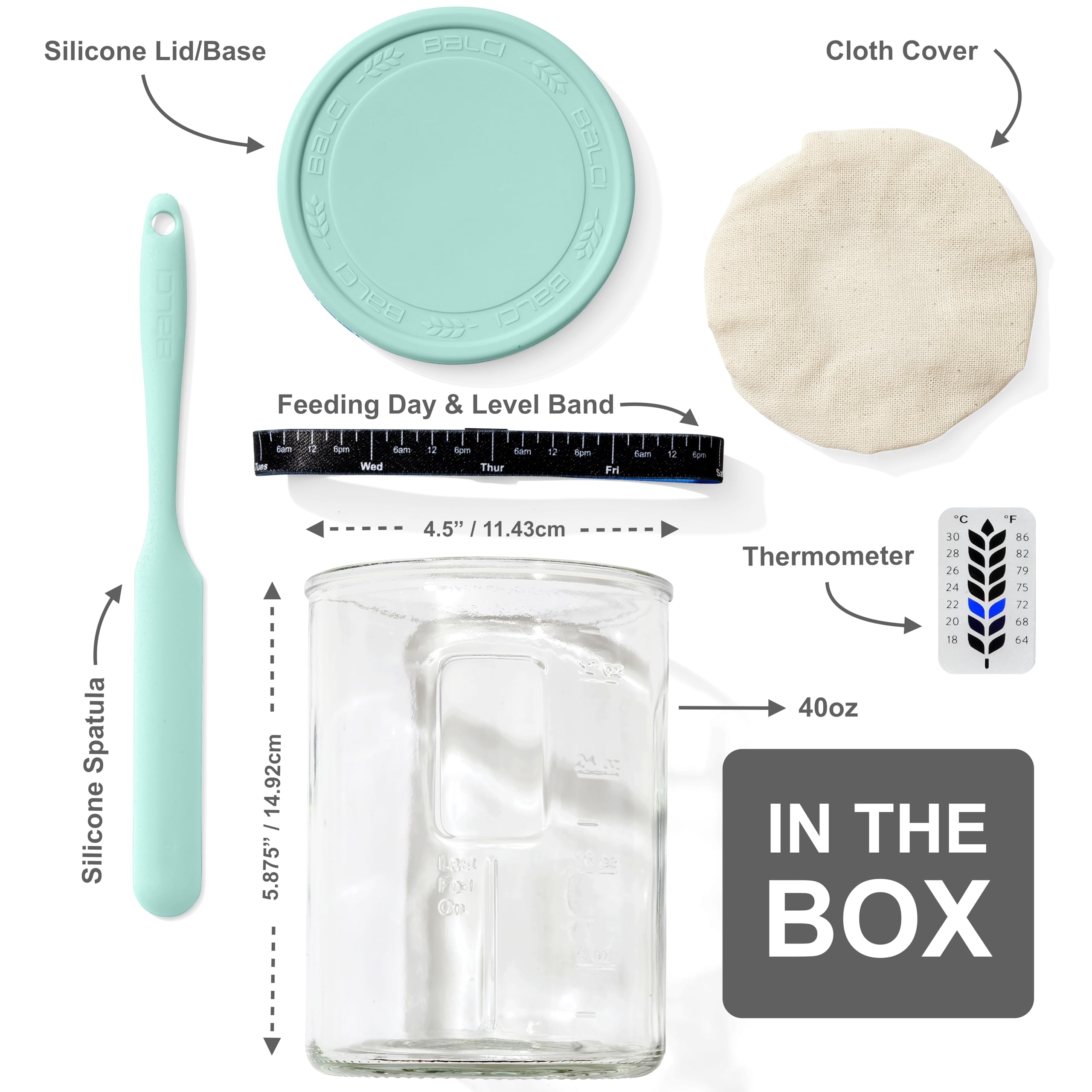 BALCI Sourdough Kit includes thermometer and scraper for precise feeding adjustments.