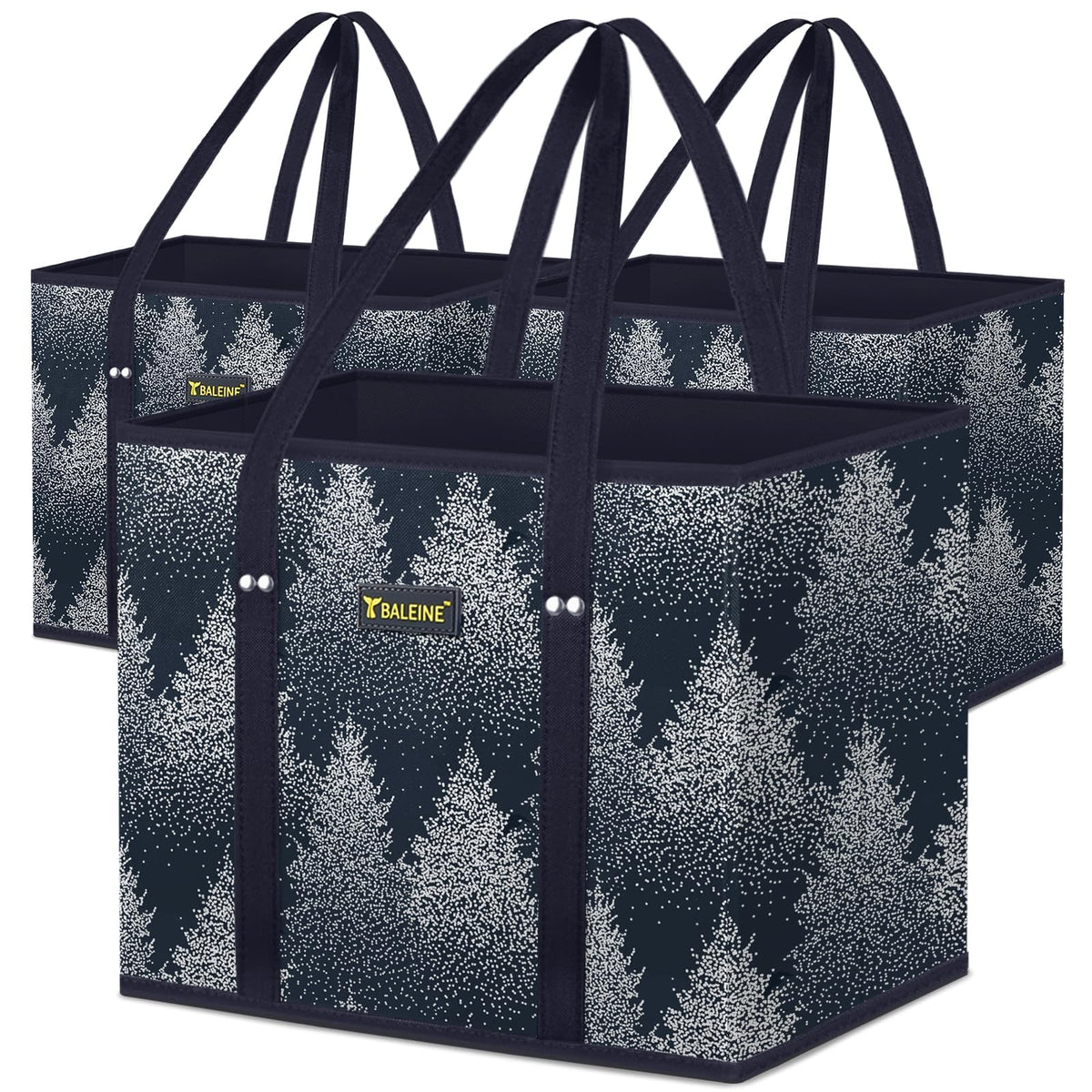 BALEINE 3Pk reusable grocery bags folded flat for compact storage and easy transport.