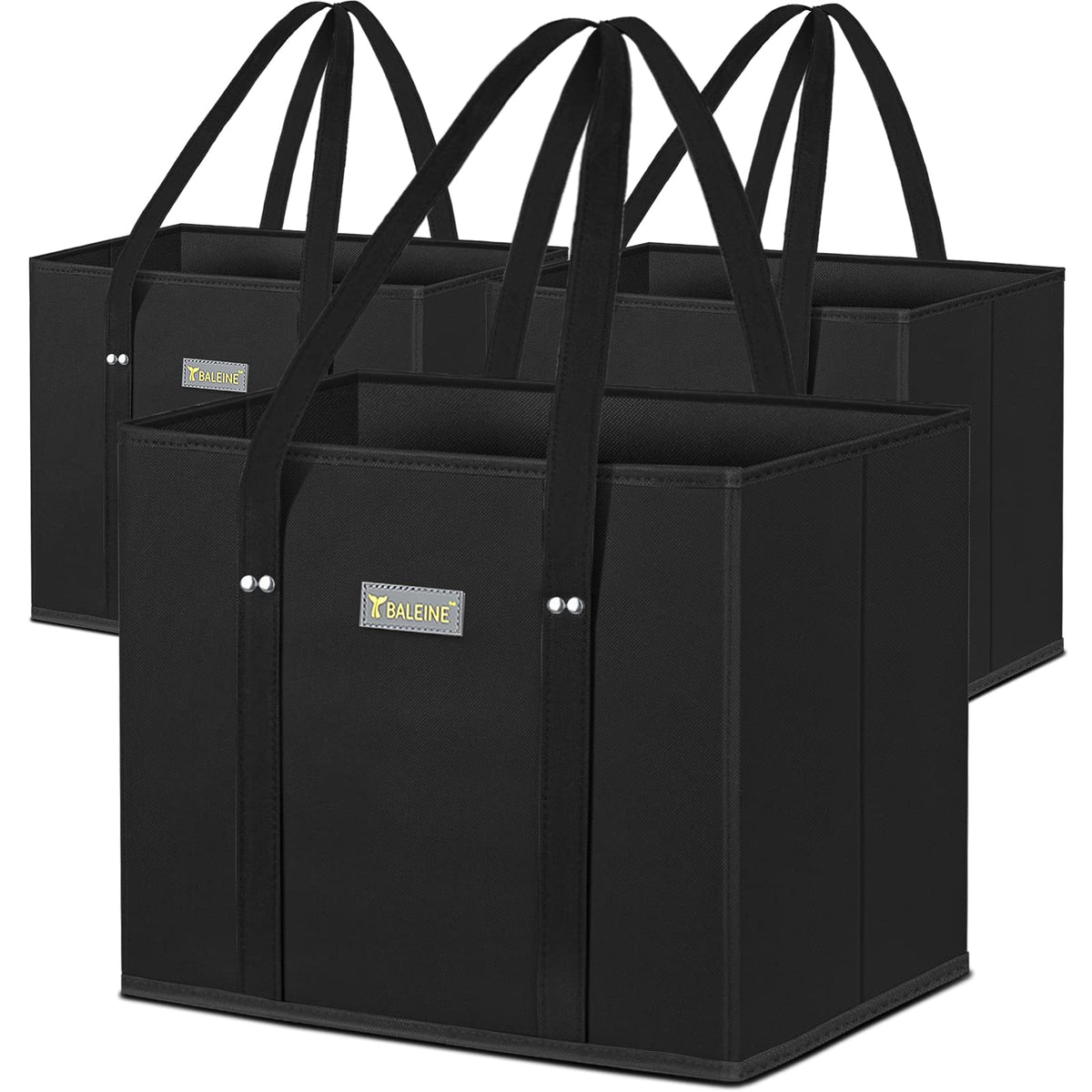 BALEINE three-pack foldable grocery bags with reinforced bottom for easy loading.