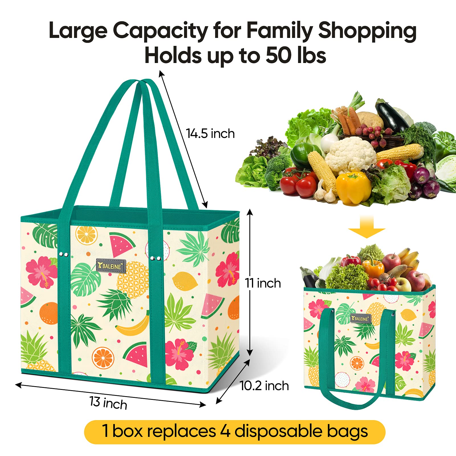 BALEINE Hawaiian Brunch bag with extra-long 12-inch handles for shoulder carrying.