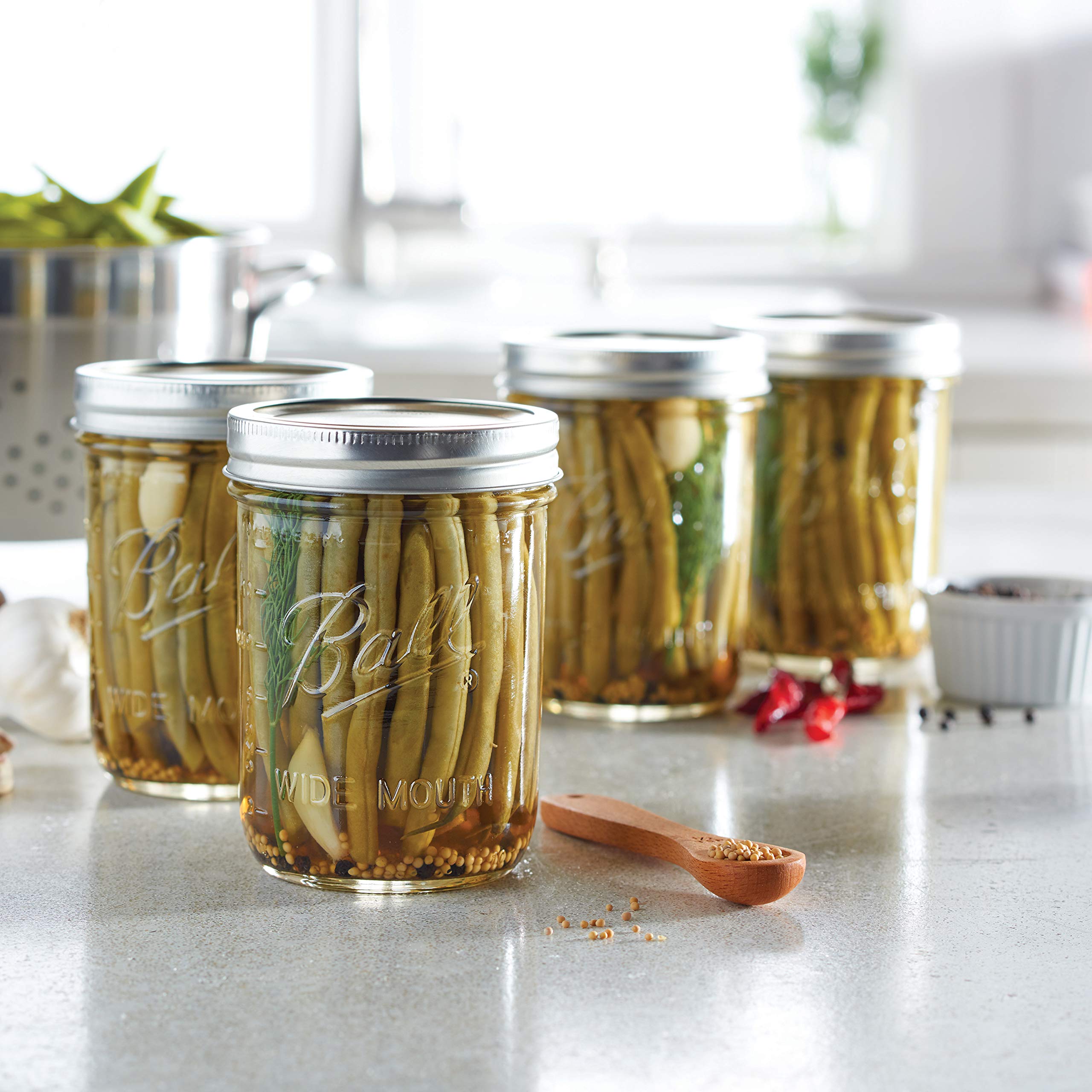 Ball BPA-free, Made in USA 16oz jar ready for reuse.