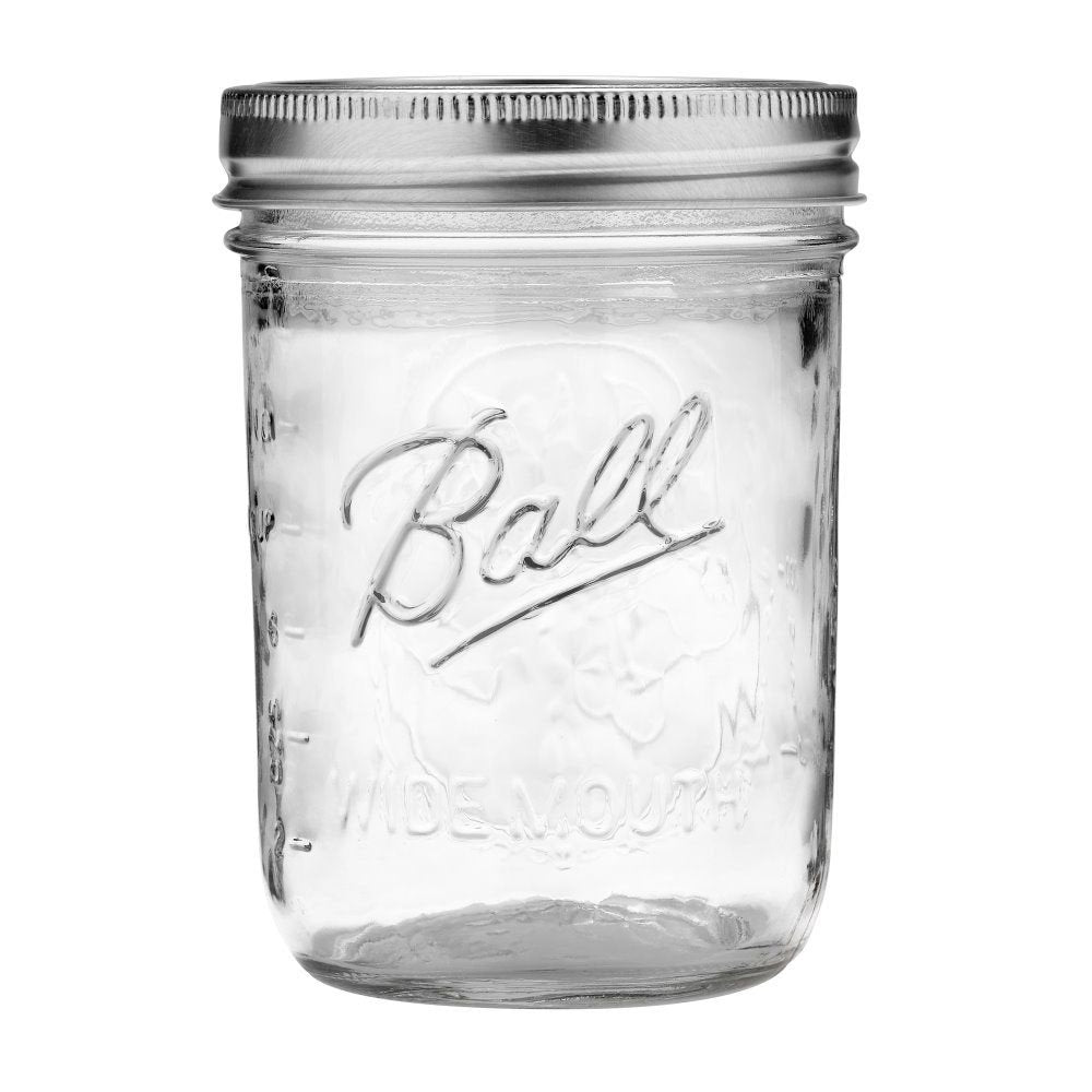 Ball glass mason jar showing clear glass for easy labeling and visibility.