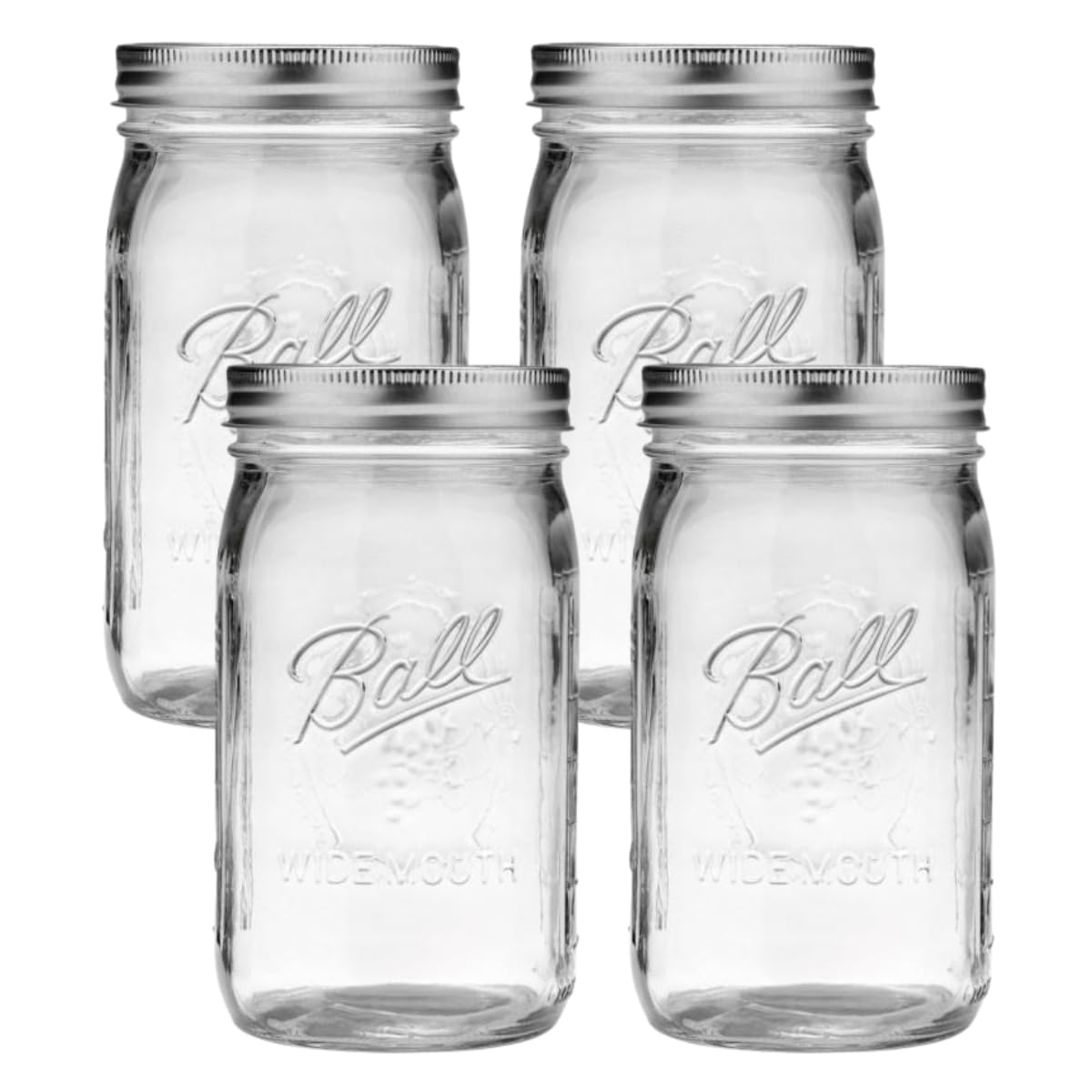 Ball Glass Mason Jars set with wide-mouth 32oz, perfect for canning and storage.