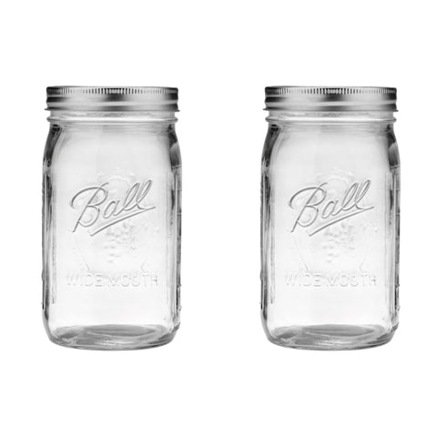 Ball Quart wide-mouth jar set with silver lids for pantry organization.